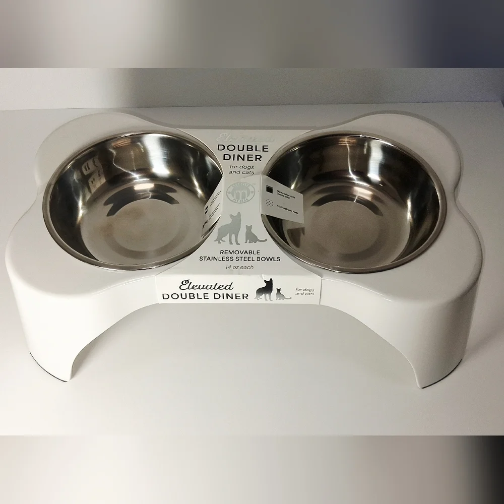 Elevated Double Diner Pet Bowl - White with Stainless Steel Bowls